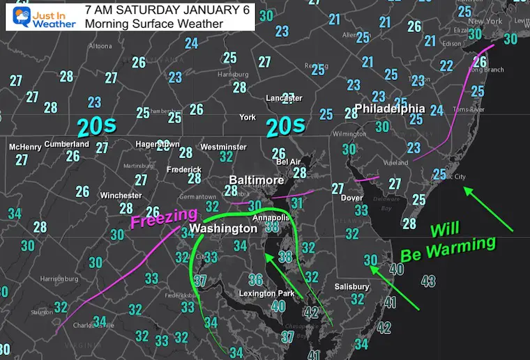 January 6 weather temperatures Saturday morning storm