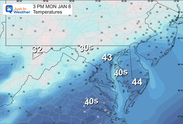 January 7 weather temperature forecast Monday afternoon