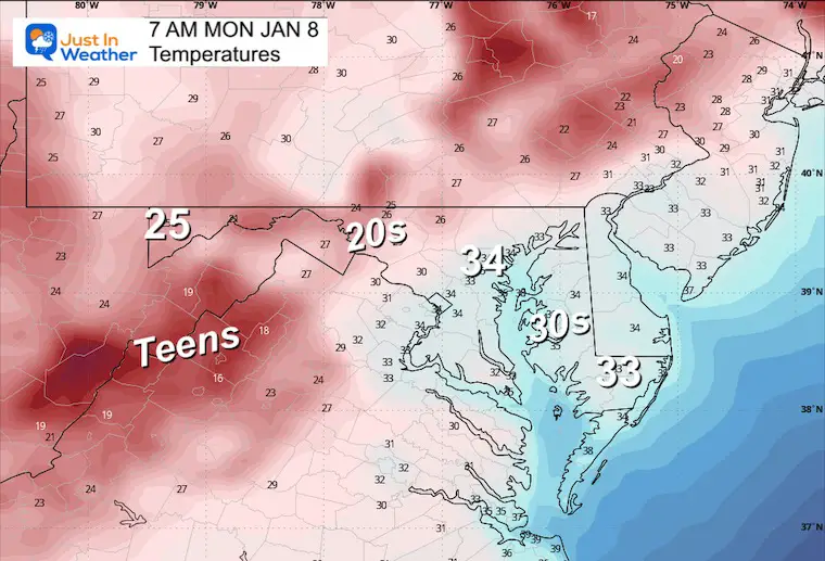 January 7 weather temperatures forecast Monday morning