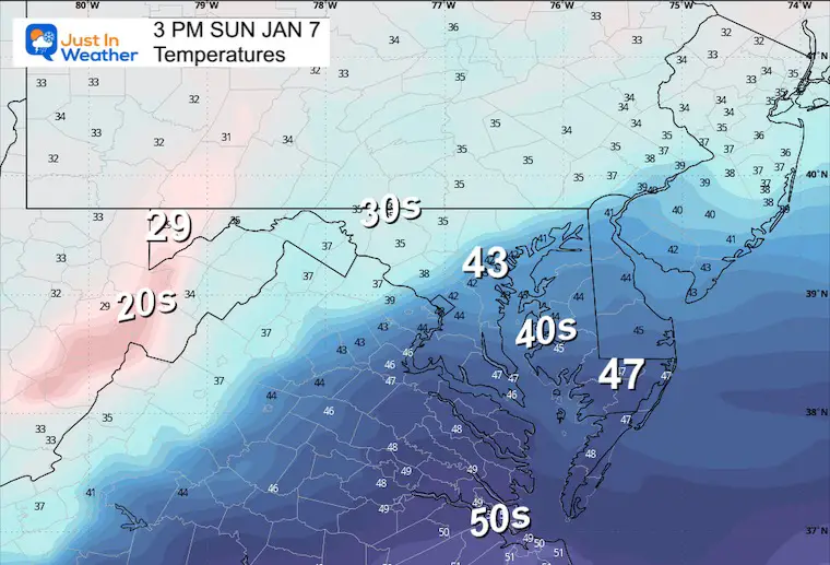 January 7 weather temperatures forecast Sunday afternoon