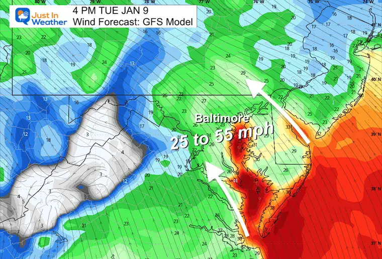 January 9 storm wind forecast Tuesday afternoon