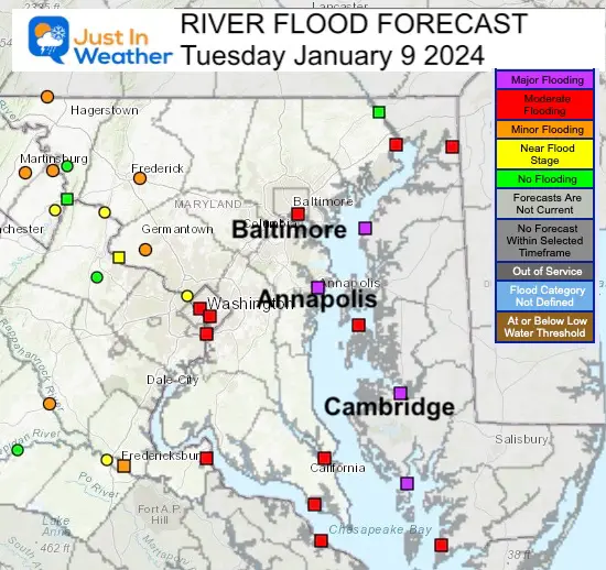 January 9 storm river flood forecast Maryland