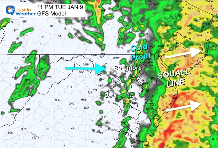 January 9 weather storm radar forecast Tuesday 11 PM