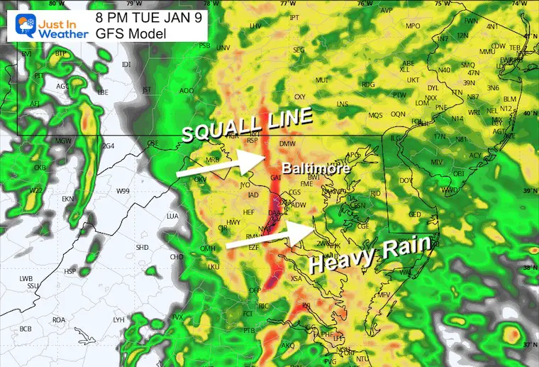 January 9 weather storm radar forecast Tuesday 8 PM