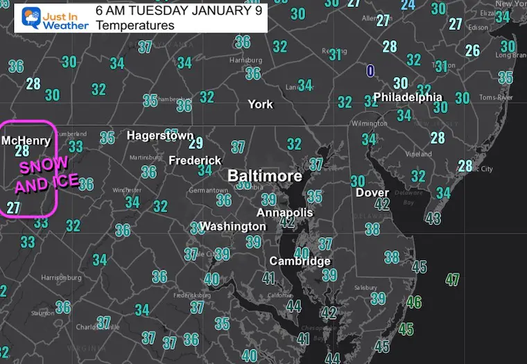 January 9 weather temperatures Tuesday Morning