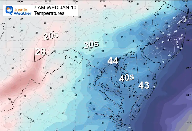 January 9 weather temperatures Wednesday morning