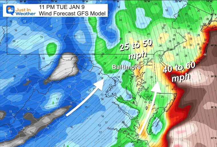 January 9 weather storm wind forecast Tuesday 11 PM