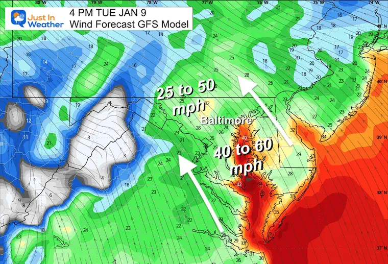 January 9 weather storm wind forecast Tuesday 4 PM