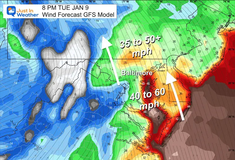 January 9 weather storm wind forecast Tuesday 8 PM