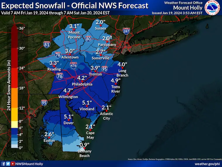 January 19 NWS snow forecast Philadelphia