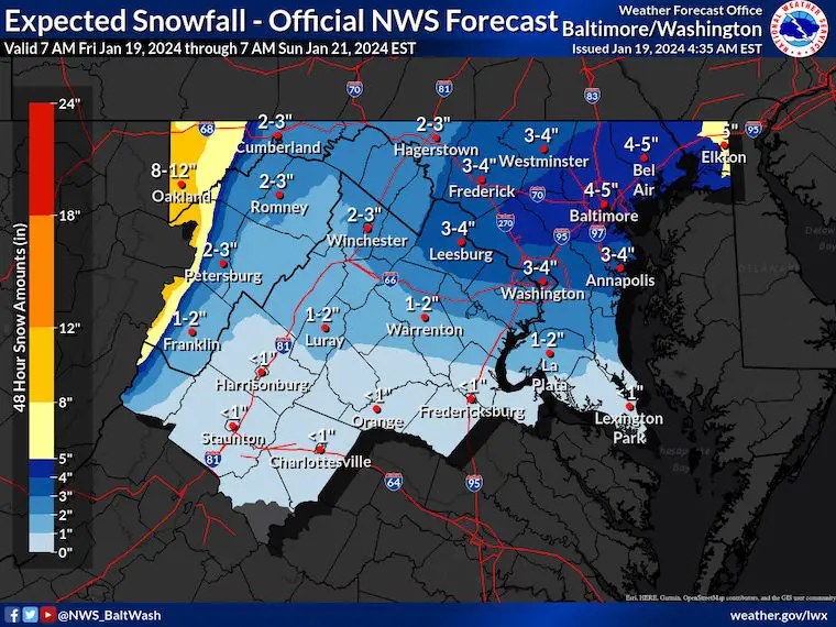 January 19 NWS snow forecast MD and VA
