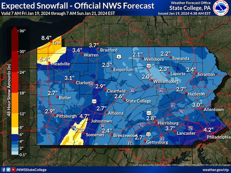 January 19 NWS snow forecast Pennsylvania
