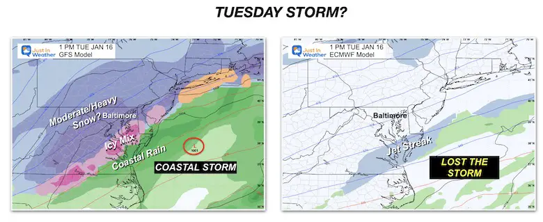 January 11 Tuesday snow storm comparison