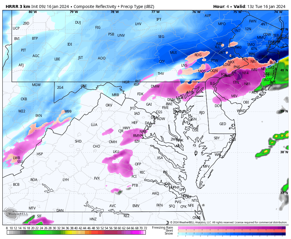 January 16 weather snow icy Tuesday morning HRRR