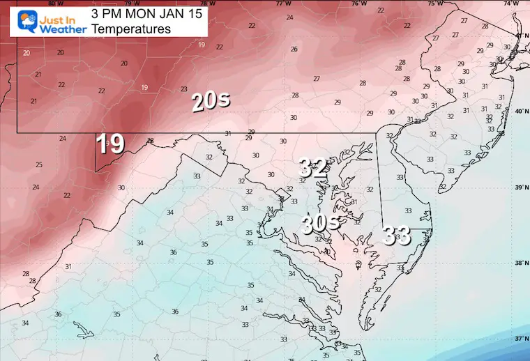 January 14 weather temperatures Monday afternoon