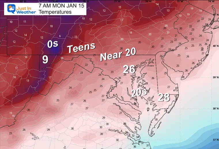 January 14 weather temperatures Monday morning