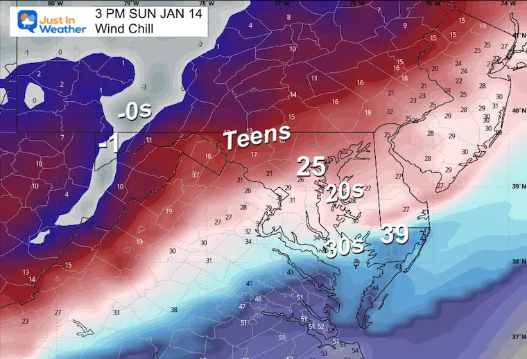 January 14 weather wind chill Sunday afternoon