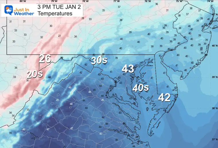 January 2 weather temperatures Tuesday afternoon