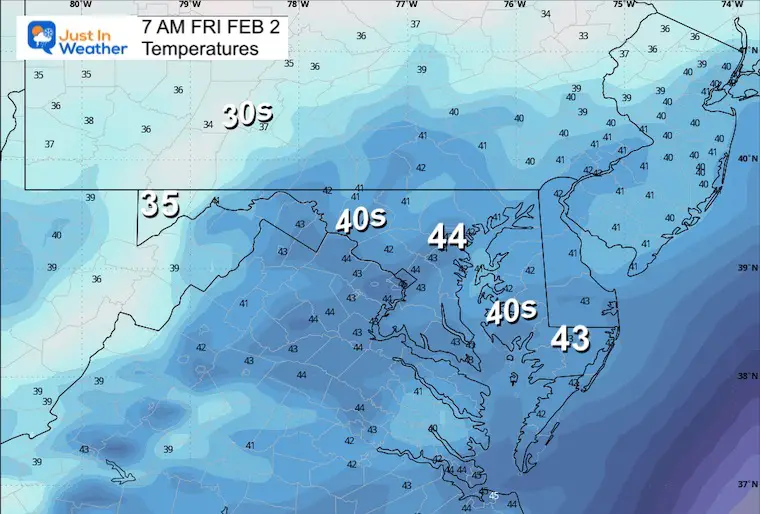 February 1 weather temperatures Friday afternoon
