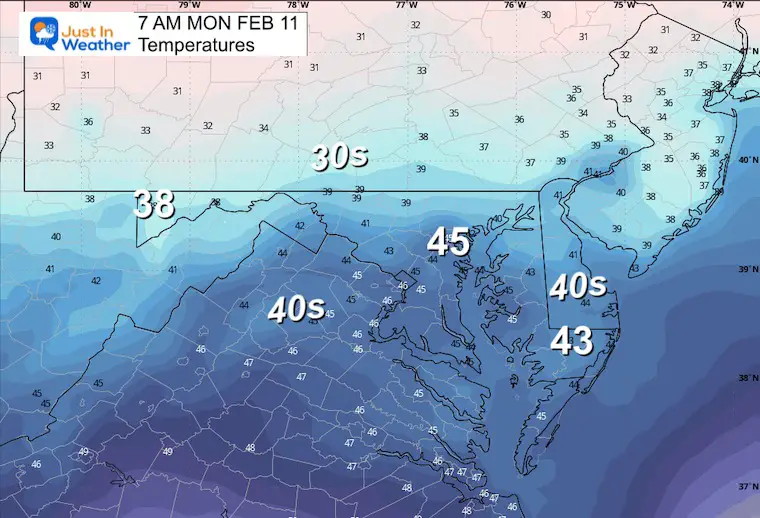 Weather temperatures February 11 Monday morning