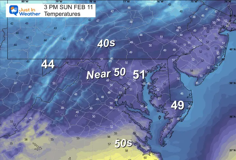 Weather temperatures February 11 Sunday afternoon