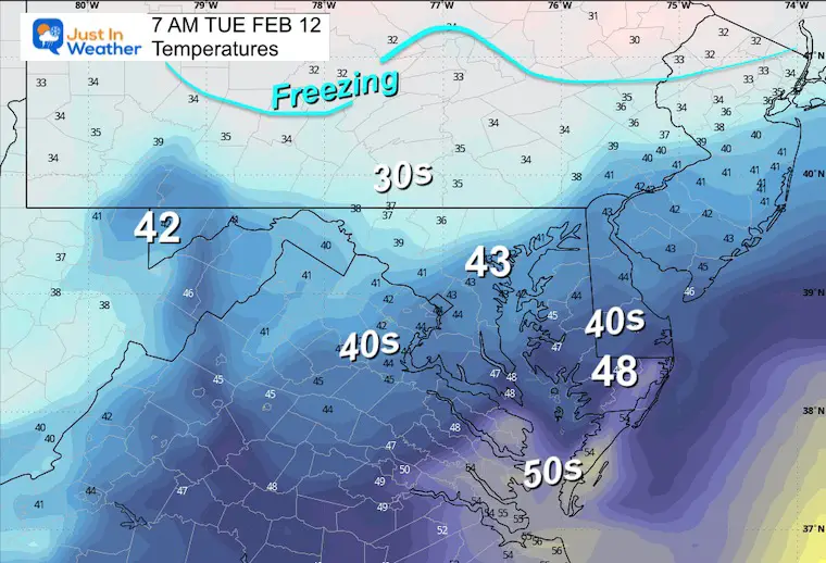 Weather temperatures February 11 Tuesday morning