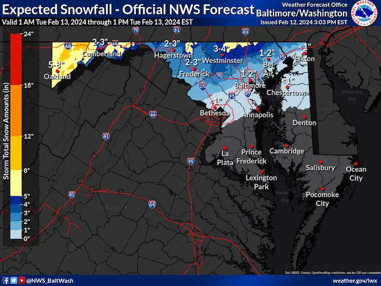 February 12 weather snow forecast Tuesday NWS Maryland
