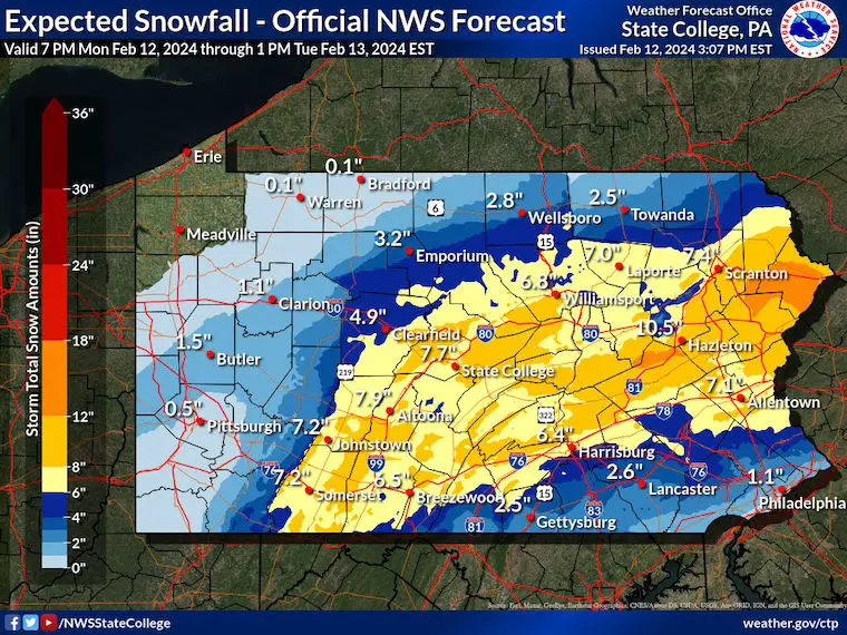 February 12 weather snow forecast Tuesday NWS Pennsylvania