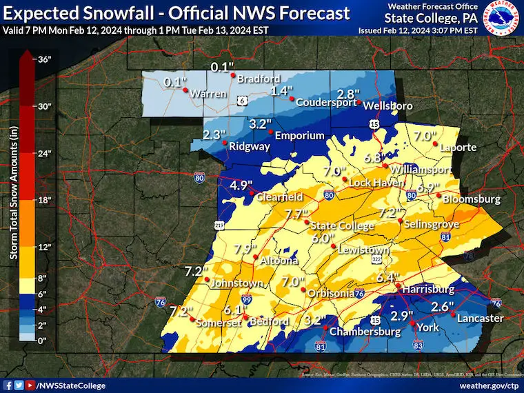 February 12 weather snow forecast Tuesday NWS Central PA