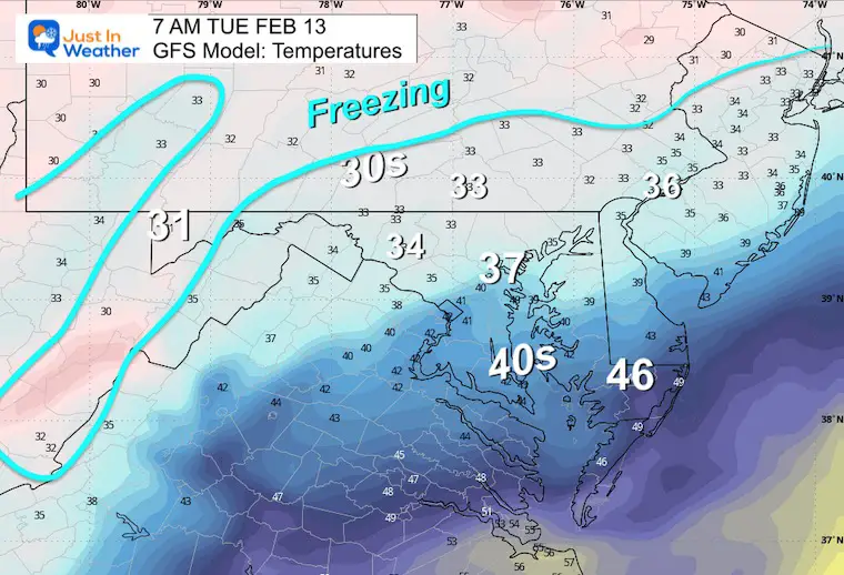 February 12 weather storm forecast temperatures Tuesday GFS