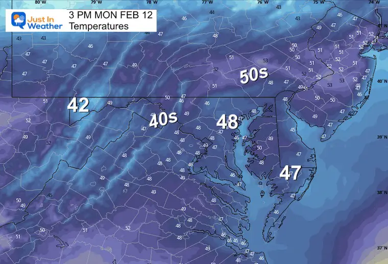 February 12 weather temperatures Monday afternoon