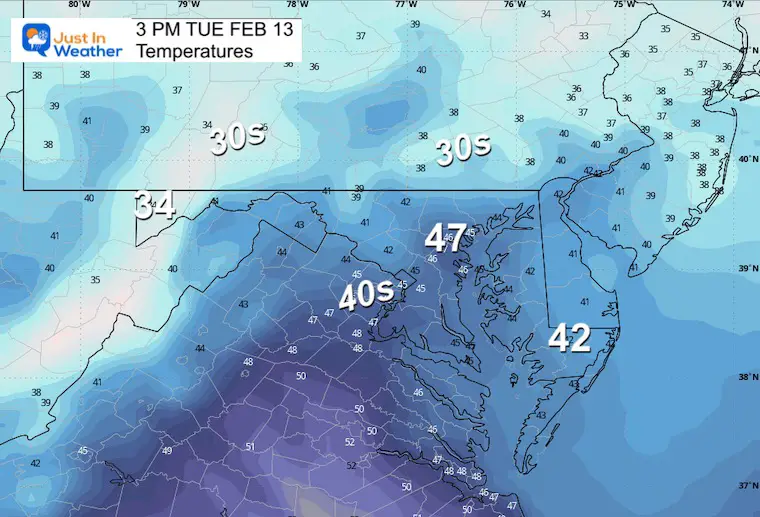 February 12 weather temperatures Tuesday Afternoon