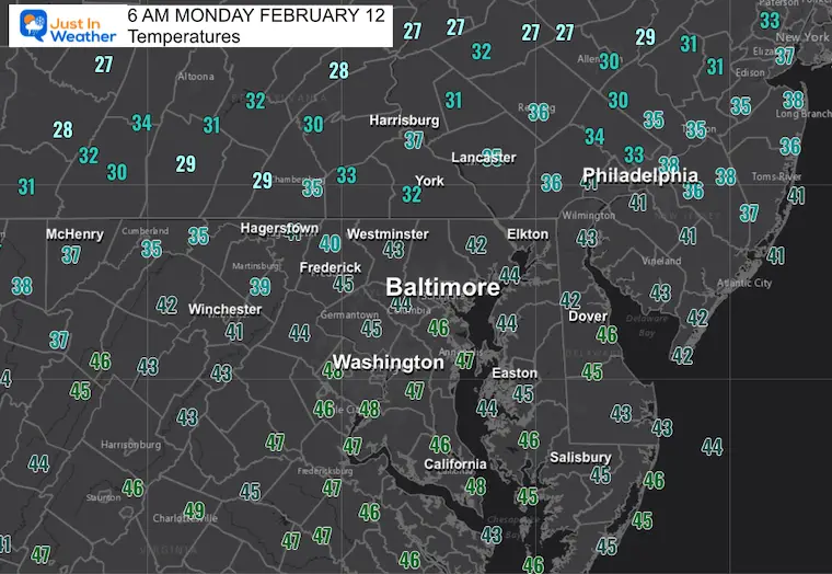 February 12 weather temperatures Monday morning