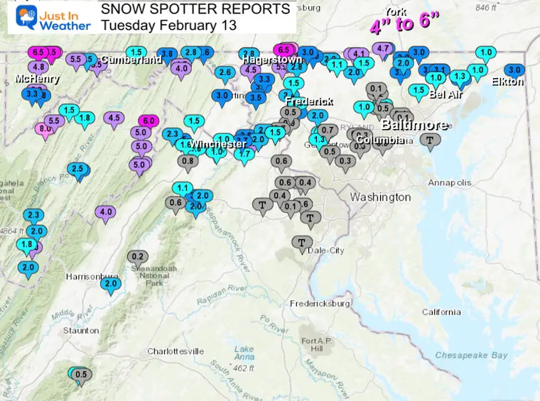 February 14 weather snow reports Tuesday