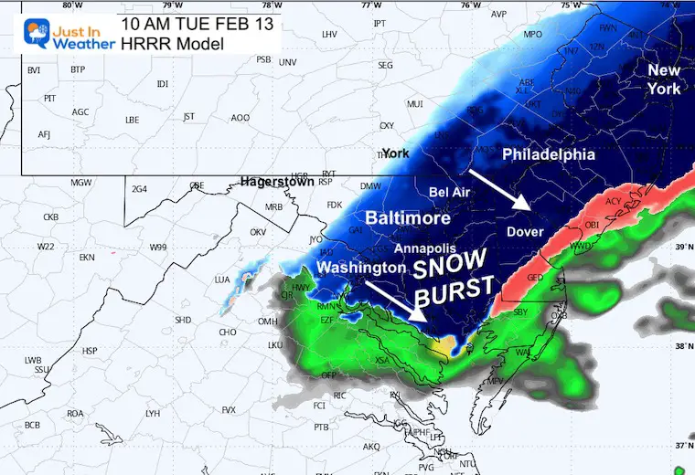 February 13 weather snow forecast radar Tuesday am 10