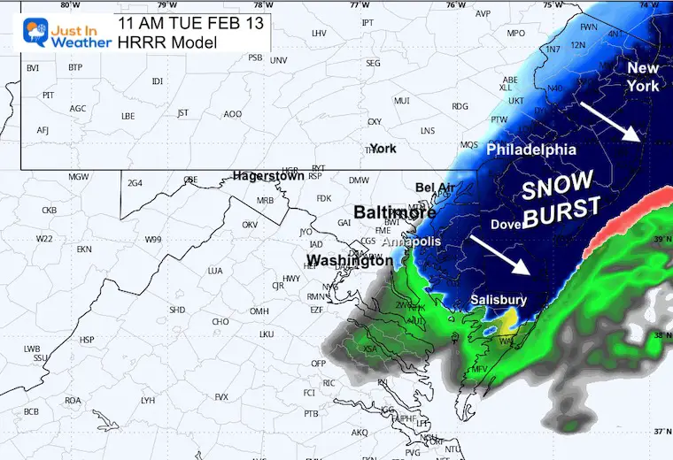 February 13 weather snow forecast radar Tuesday am 11