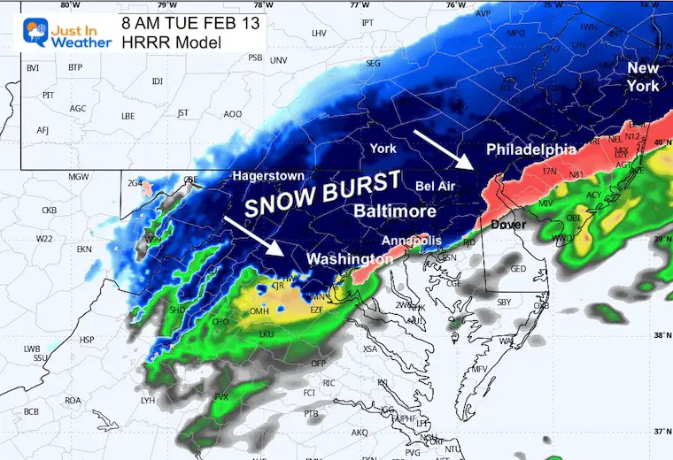 February 13 weather snow forecast radar Tuesday am 8