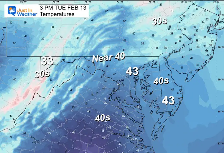 February 13 weather temperatures Tuesday afternoon