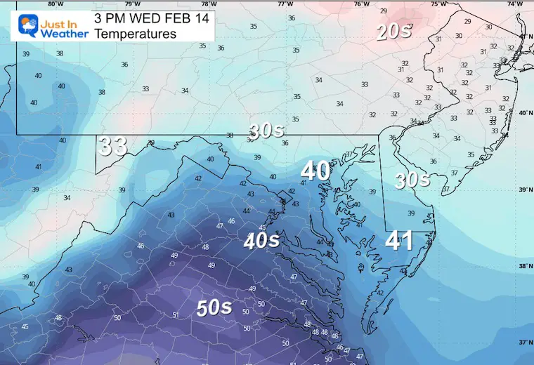 February 13 weather temperatures Wednesday Valentines Day afternoon
