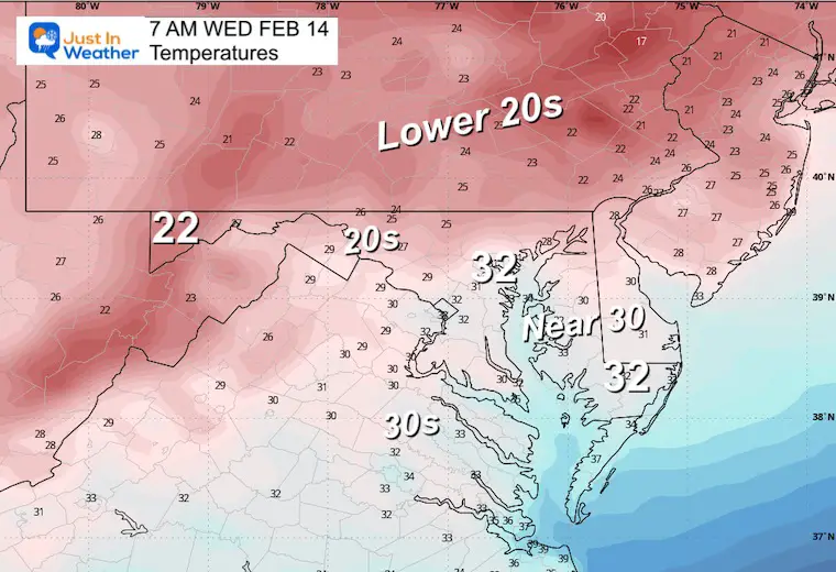 February 13 weather temperatures Wednesday Valentines Day morning