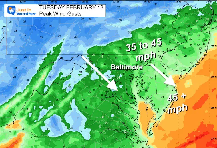February 13 weather forecast wind gusts Tuesday