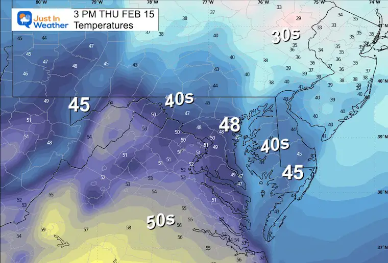 February 14 weather temperatures Thursday afternoon