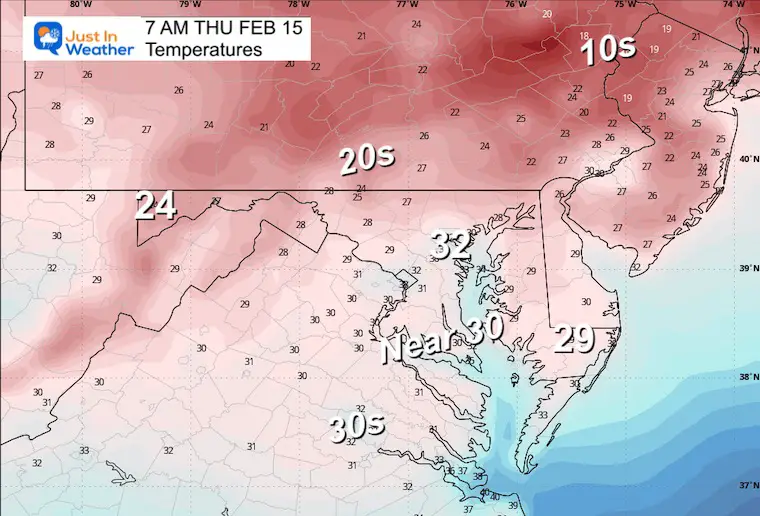 February 14 weather temperatures Thursday morning