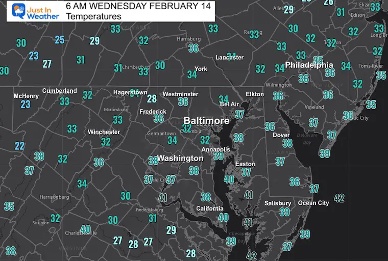 February 14 weather temperatures Wednesday morning
