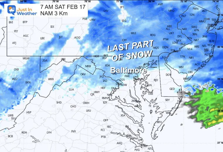 February 15 weather snow radar forecast Saturday 7 AM