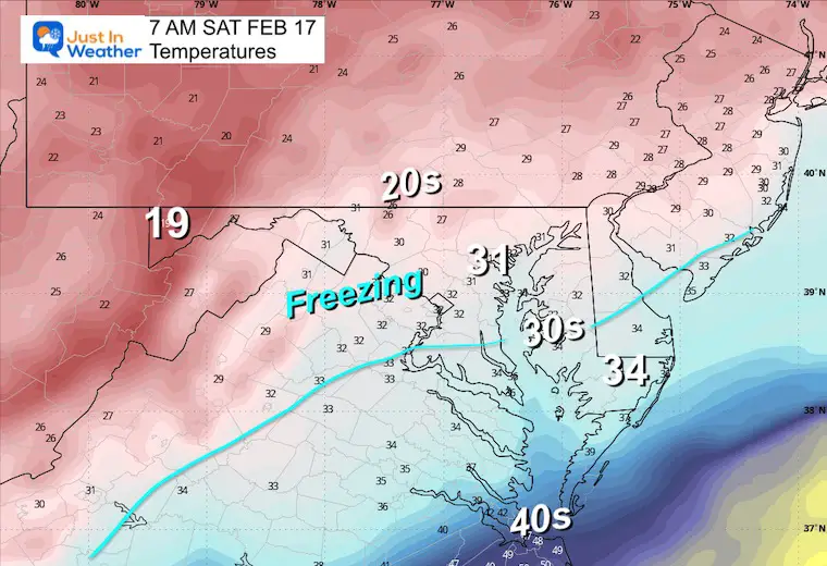 February 15 weather temperatures Saturday morning