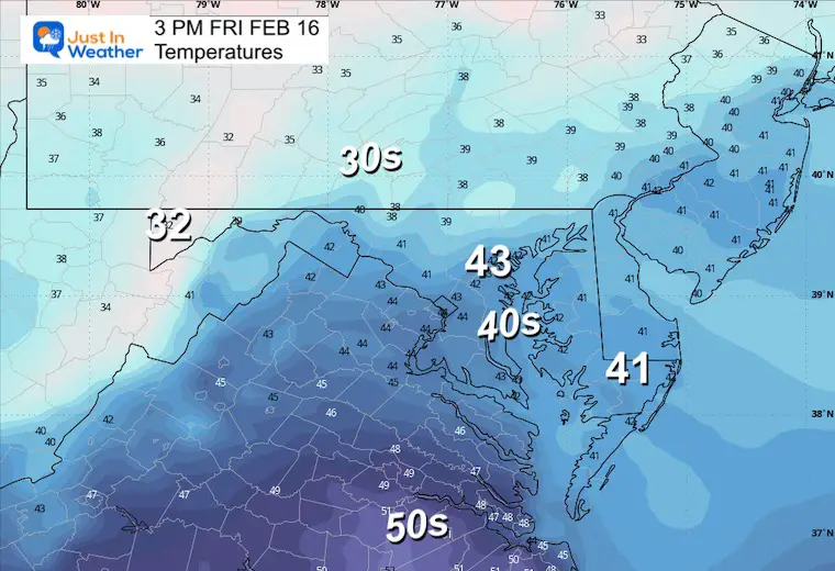 February 15 weather temperatures Friday afternoon 
