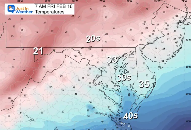 February 15 weather temperatures Friday morning