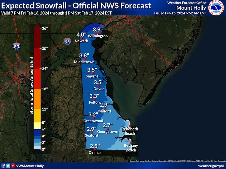 February 16 snow forecast Delaware NWS
