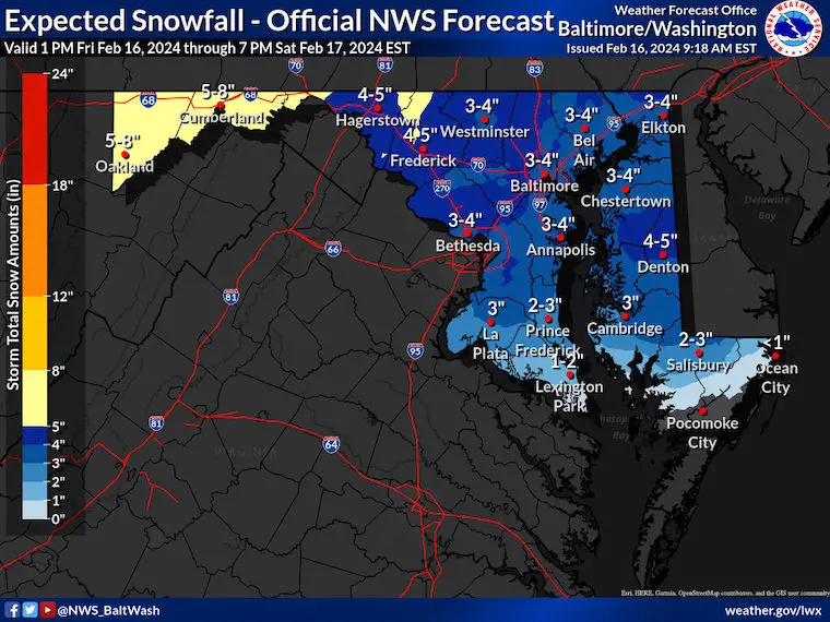 February 16 snow forecast Maryland NWS